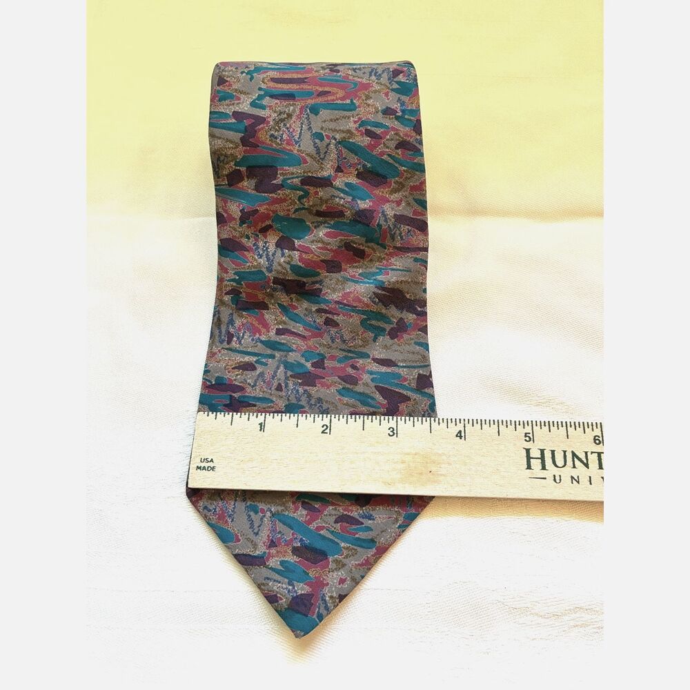 90s Men's Abstract Silk Necktie Handmade Camo Brushstroke Teal Magenta 9-HHH